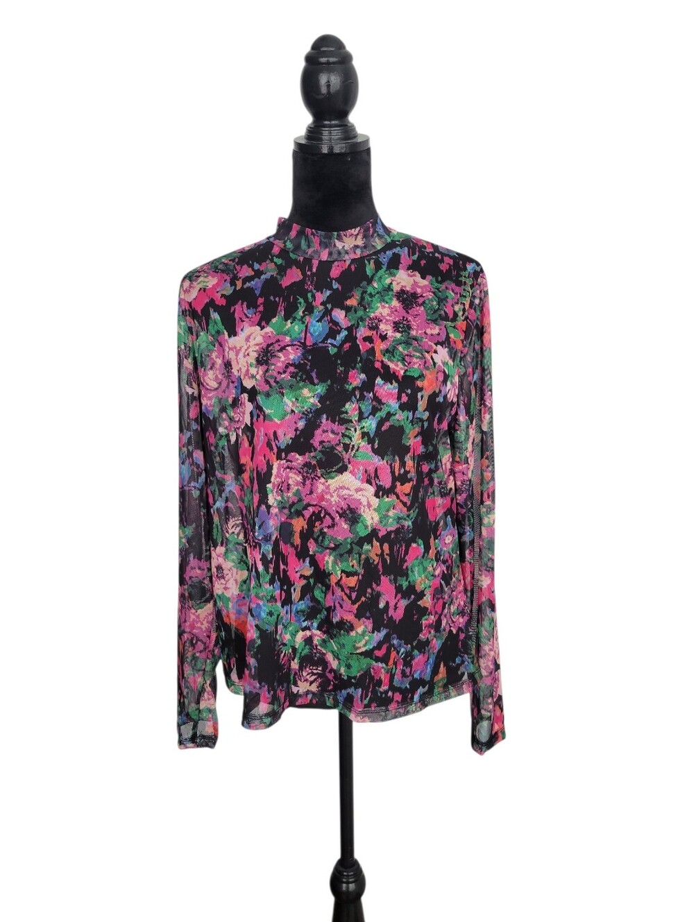 SHEIN Black Floral Mock Neck Long Sleeve Blouse with Pink & Green